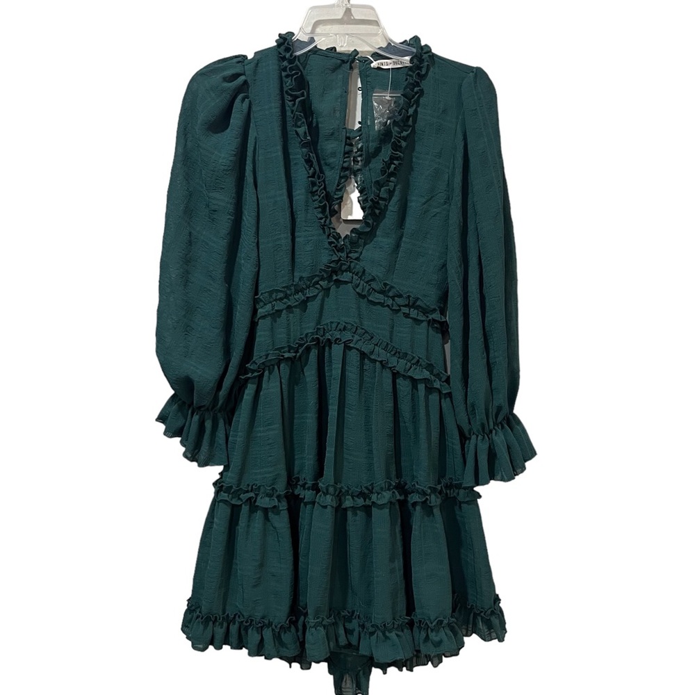 NEW SAINTS + SECRETS SMALL green ruffle smocked waist mini dress Long Sleeve NWT